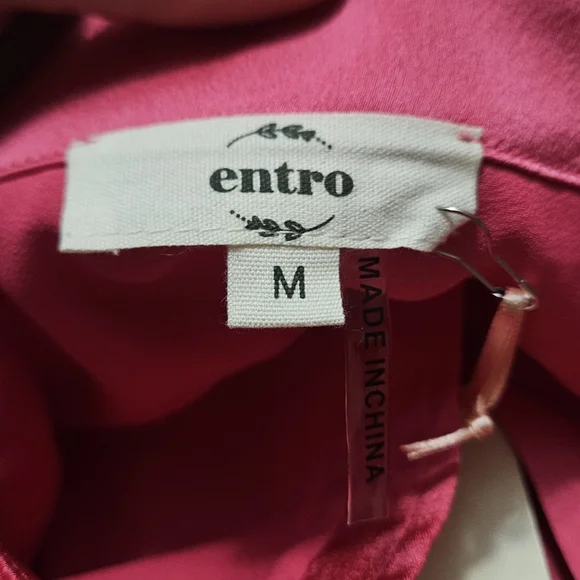 ENTRO Satin Long Sleeve Relaxed Fit Button Up Blouse In Hot Pink. Size Med NWT - Picture 5 of 16
